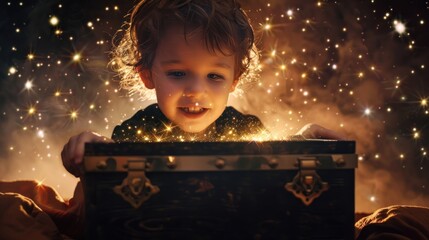 A boy opens a treasure chest open, filled with sparkling gems and sparkling gold coins. magical wonder and joy when he saw the treasure in his golden box.