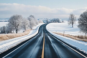 Fototapeta premium Empty highway leading through a snowy winter landscape, with trees and fields blanketed in white, capturing the serenity and quiet of winter travel 