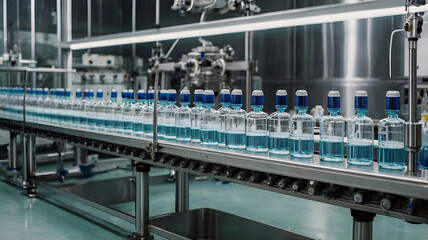 Medical vials on production line at pharmaceutical factory, pharmaceutical machine glass views.