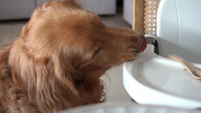 Cleanup Crew: Golden Retriever Licking Baby&rsquo;s Food Table. A dog helps clean up by licking a human baby&rsquo;s food table, eagerly lapping up the leftover food