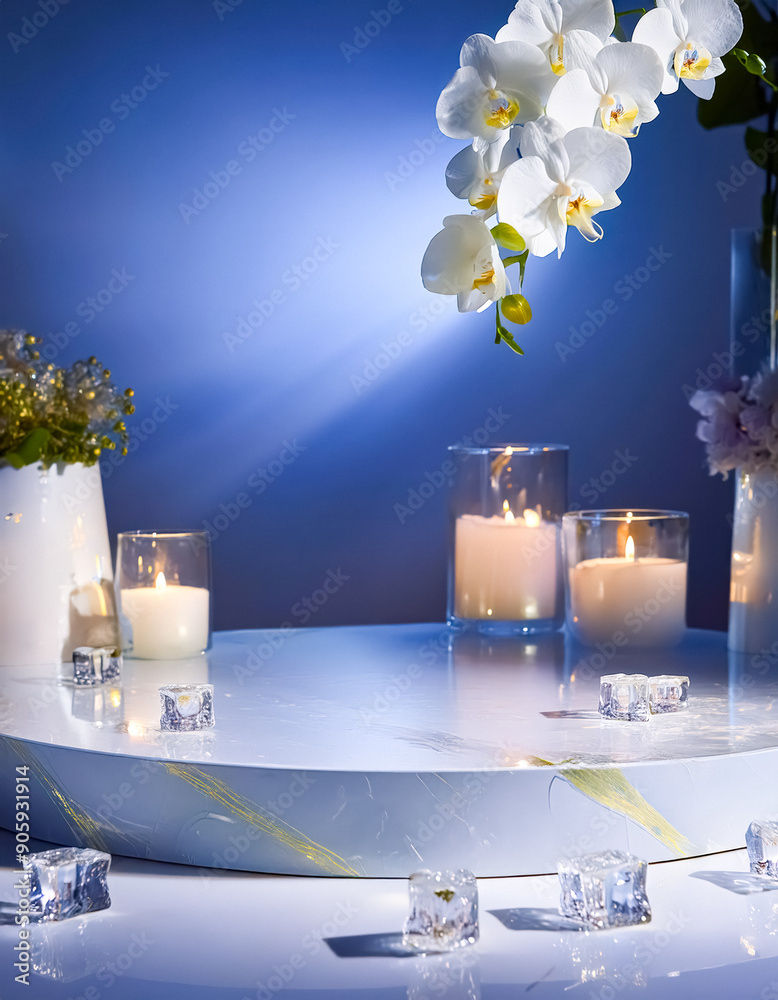 Poster White Orchid with Candles and Ice Cubes on a White Platform