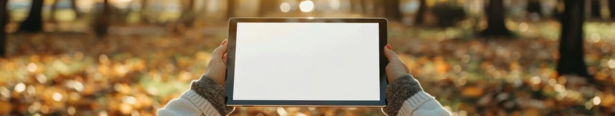 Obraz premium Woman Holding a Digital Tablet with a Blank Screen on an Outdoor Table: A Simulated Image for Tech and Lifestyle Enthusiasts.