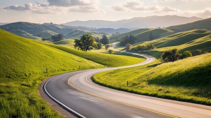 Highway winding through a picturesque landscape with rolling hills and green fields, capturing the beauty of rural travel and the open road 