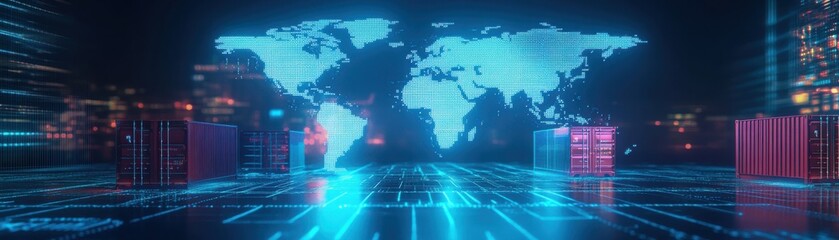 Obraz premium Shipping containers on a digital world map, representing global commerce, neon blue background, modern and futuristic style, HD quality