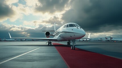 Luxurious private jet parked on an exclusive airport tarmac, with a red carpet leading to the entrance, highlighting opulence and elite travel 