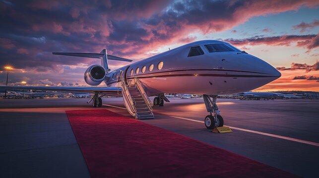 Luxurious private jet parked on an exclusive airport tarmac, with a red carpet leading to the entrance, highlighting opulence and elite travel  - Powered by Adobe