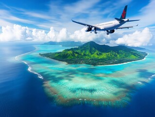 Naklejka premium Passenger jet flying over a tropical island with turquoise waters, symbolizing travel, vacation, and exotic destinations 
