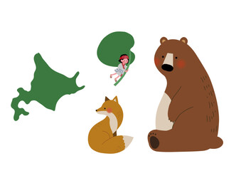 北海道の野生動物とコロポックルのイラストセット