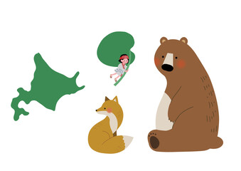 北海道の野生動物とコロポックルのイラストセット