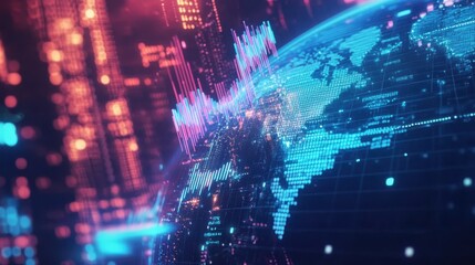 Fototapeta premium Global economic forecast illustrated with pie charts and data points, neon blue tones, digital representation, hightech style, HD quality