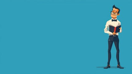 Obraz premium A cartoon man in glasses, wearing a white shirt and bowtie, holds a closed book in front of him. He has a thoughtful expression, suggesting contemplation and learning.