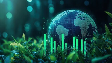 Naklejka premium Globe with green leaves overlay, bar chart showing environmental impact, digital art, blue and green hues, ecofriendly theme, HD quality