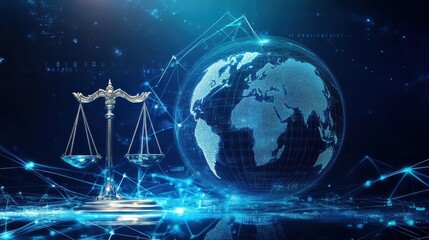 Obraz premium Scales of justice and gavel symbolizing international policies, digital globe with connection lines, blue and silver color scheme, futuristic visual