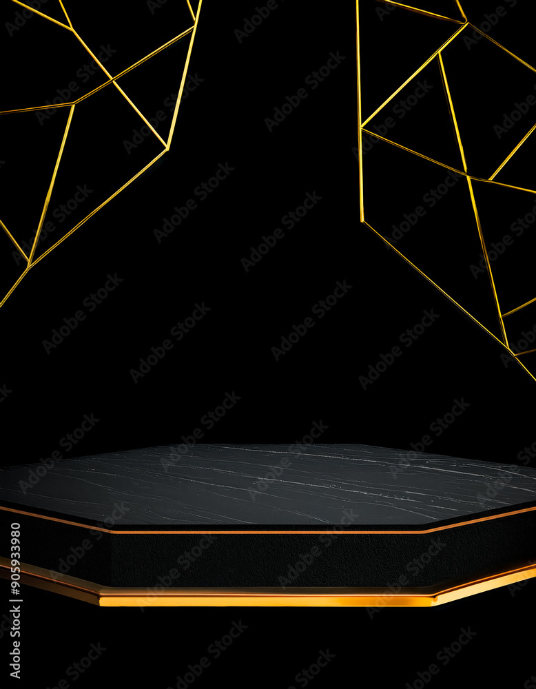 Sticker Black Hexagon Podium with Gold Geometric Lines