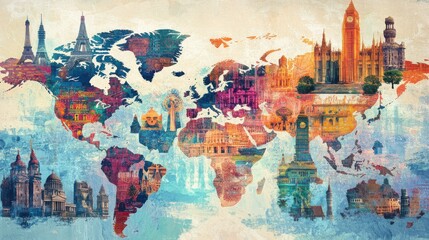Traditional icons from different cultures overlaid on a global map, celebrating cultural heritage, vibrant colors, digital art, HD quality