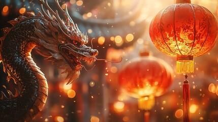 Dragon of Good Fortune: A majestic dragon statue, bathed in warm, golden light, stands amidst a flurry of red lanterns, symbolizing prosperity and luck during the Chinese New Year. The vibrant backdro