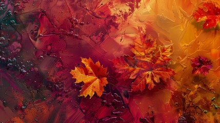 A colorful abstract painting depicting autumn leaves with various shades of red, orange and yellow. The leaves are scattered across the canvas, creating a vibrant and textured background. The painting