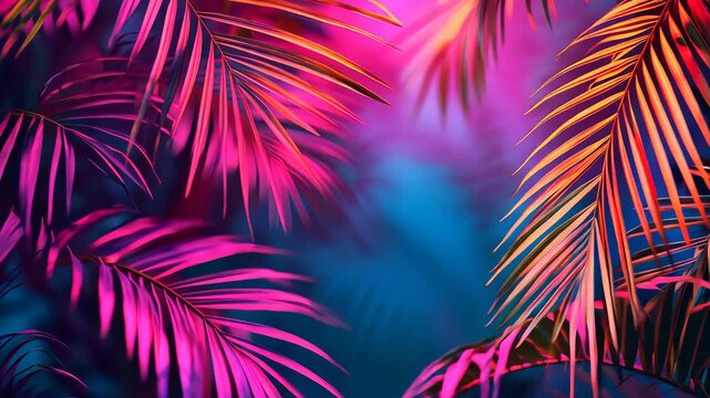 Colorful tropical palm leaves with neon lighting, vibrant background. Exotic nature and modern art concept