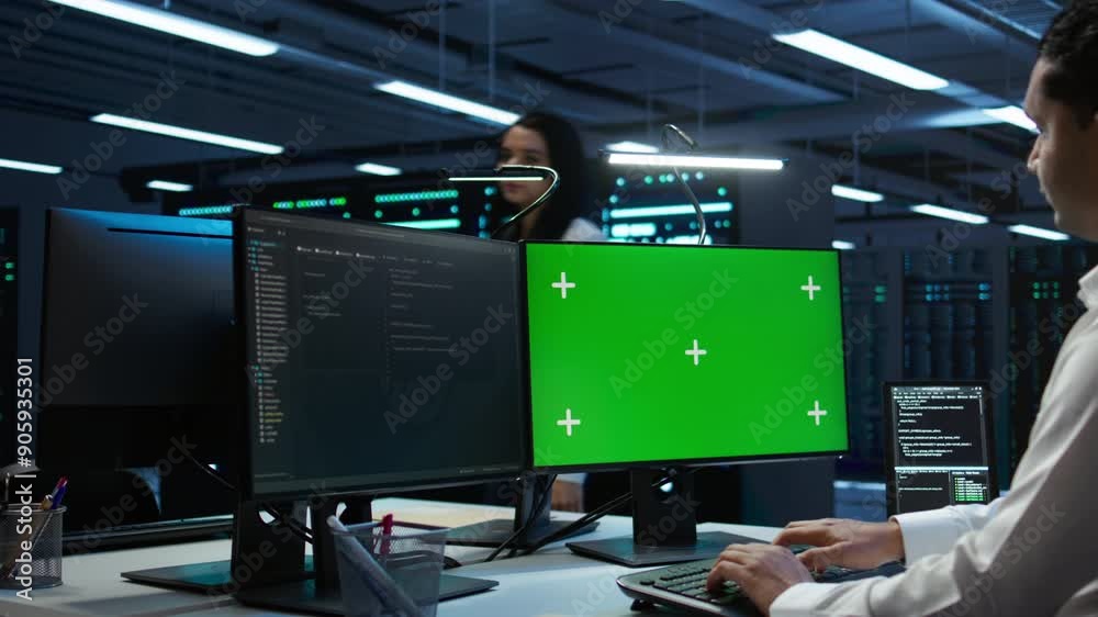 Poster system administrator in data center installing software on isolated screen pc, troubleshooting issue
