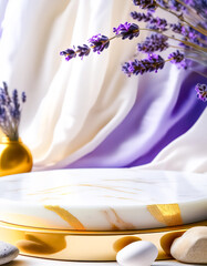 Obraz premium Marble and Gold Podium with Lavender Flowers