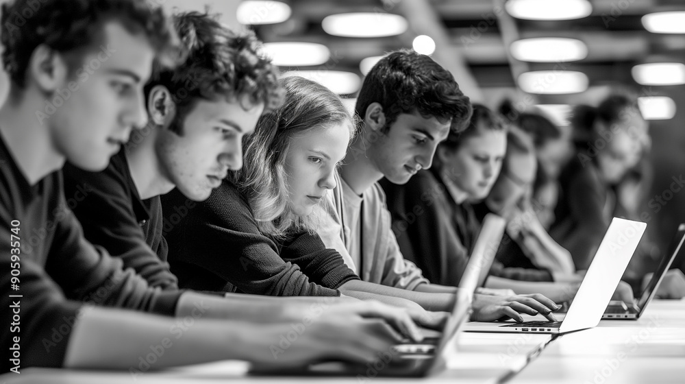 Poster students working on laptops in university library in black and white