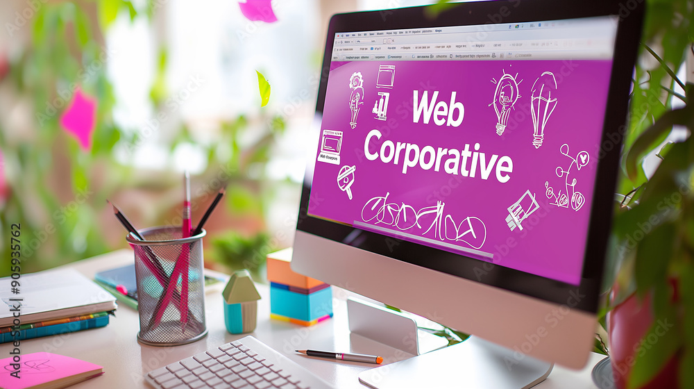 Poster Web designer working on a new corporate website, using a desktop computer