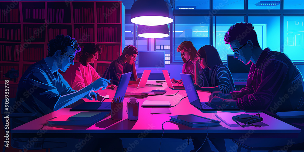 Aufkleber Team of software developers working late using laptops in neon office