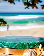 Obraz premium Malachite and Seashells on a Beach with Ocean View