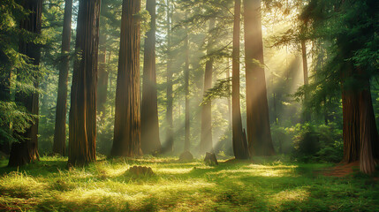 an ancient redwood forest, sunbeams, forest floor detail