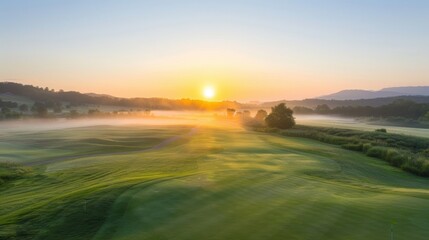 Golden sunlight breaks over a tranquil golf course, illuminating misty hills and lush fairways at dawn