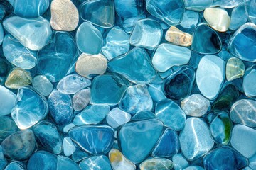 Fototapeta premium Texture, background, seamless pattern. This is useful for designers. sea pebbles. aquarium. Artificial pond or a glass box with water for storage of fish, aquatic, ai