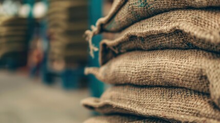 Burlap sacks are stacked in a well-organized warehouse, showcasing storage efficiency