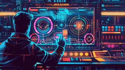 Obraz premium A hacker or programmer working on a futuristic interface with colorful displays and glowing circuits. This symbolizes innovation, technology, coding, cybersecurity, and data analysis.