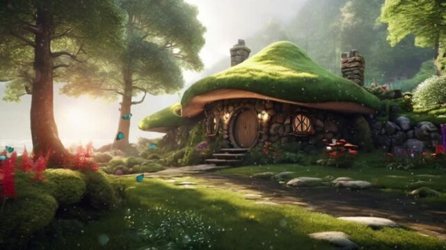 A mushroom-shaped house is located in the middle of a magical forest. Seamless 4K looping timelapse video animation generated AI