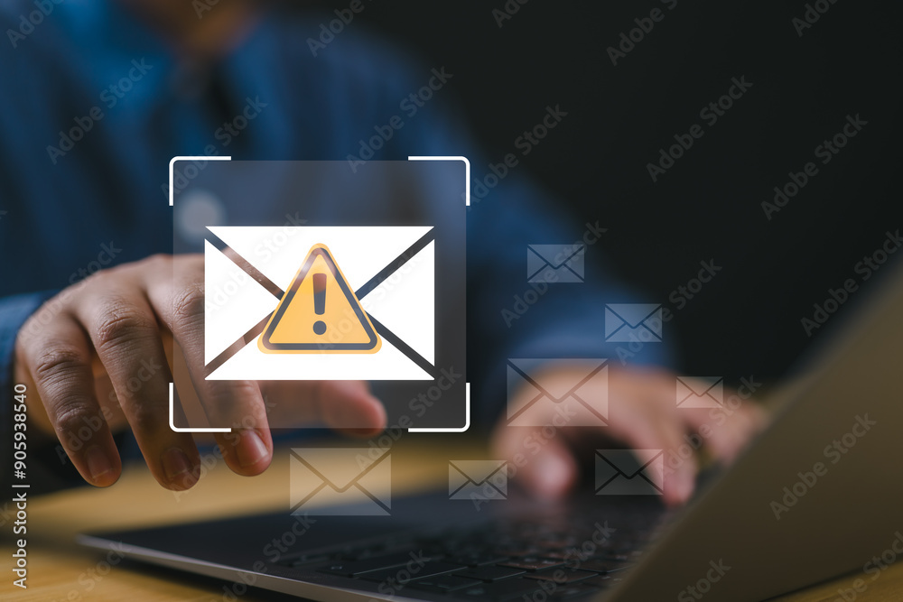 Poster Email Spam concept. Person use laptop with virtual screen of Spam email notification, warning notification and spam message.