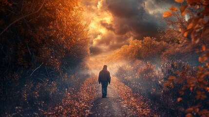 Fototapeta premium A lone man walks down a path through a misty forest with golden foliage. The sky is a beautiful mix of blue and orange, representing mystery, hope, and tranquility.