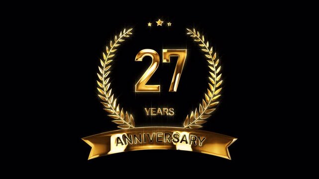 27th Anniversary Celebration. Happy 27 Years Anniversary Animation in Gold Color on the Transparent Background, Alpha Channel. Great for greetings, celebrations, events, and gifts.