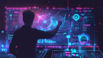 A man interacts with a futuristic interface, showcasing digital technology, innovation, data visualization, and the future of technology.