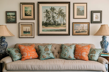 Gallery Wall Design with Beach and Nautical Theme for Living Room