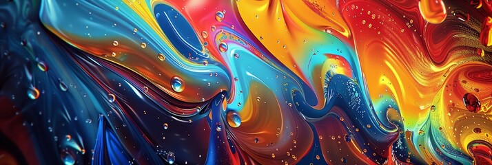 Fototapeta premium A mesmerizing abstract artwork featuring swirling colors of red, yellow, blue, and green. The colors blend seamlessly, creating a dynamic and fluid composition. Tiny bubbles are scattered throughout 