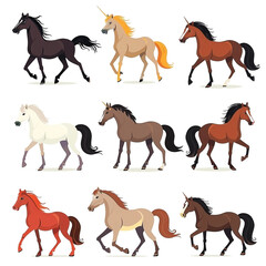 Set of Diverse Horse Breeds on White Background – Icons for Pet Shops, Social Media, and Mobile Games