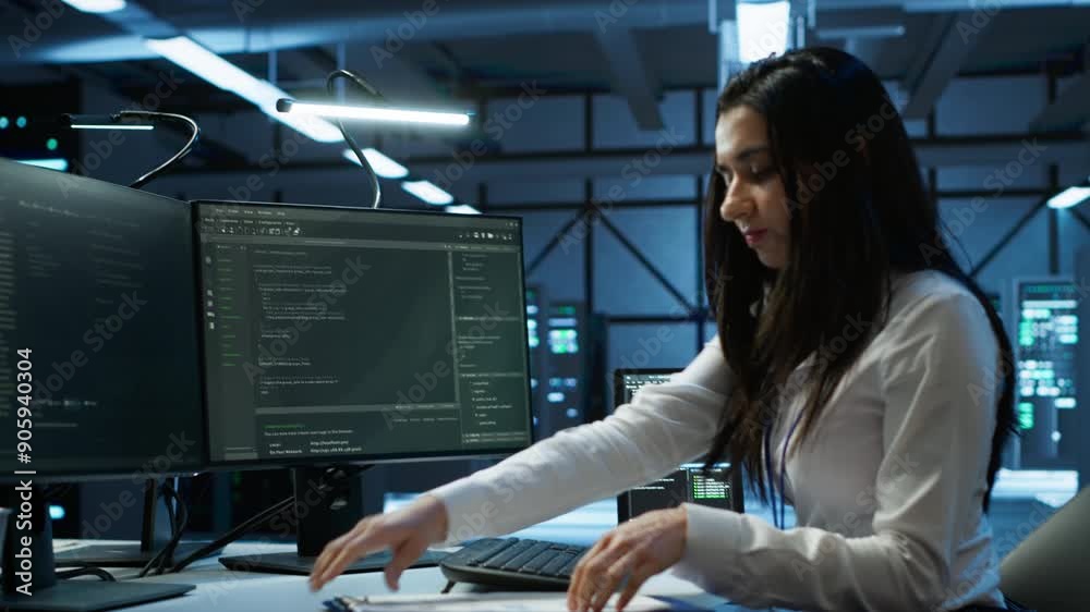 Poster engineer in data center installing software on computer, helping maintain network, troubleshooting a