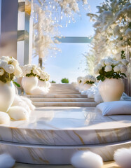White wedding ceremony backdrop with fluffy white pom poms and white roses in vases