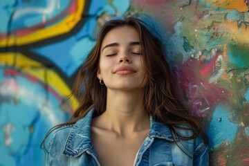 Fototapeta premium Confident Young Woman in a Denim Jacket Contemplatively Standing Against a Wall of Colorful Graffiti, Eyes Closed, Reflecting on Life's Journey.