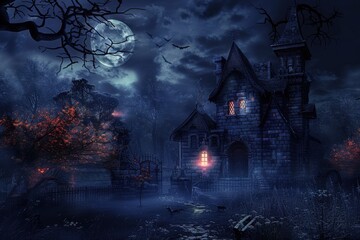An eerie, moonlit scene of a haunted house surrounded by fog, bats, and dead trees.