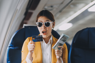 Naklejka premium A young Asian woman, seated as an airplane passenger, contemplates dollar bills, reflecting on lucrative opportunities and aspirations towards billionaire status.