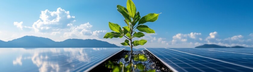 A green plant growing on solar panels, symbolizing renewable energy and sustainable development in a beautiful landscape.
