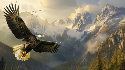 Fototapeta premium American bald eagle flying over beautiful autumn forest landscape. Wild bird with spread wings in flight