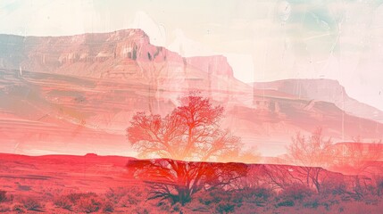 A scenic vista of a red canyon landscape, with a solitary tree silhouetted against the rising sun, creating a sense of peace, mystery, and the beauty of nature.