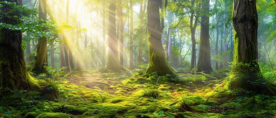 Obraz premium A serene forest scene with sunlight streaming through the tall trees, illuminating the lush, moss-covered forest floor.